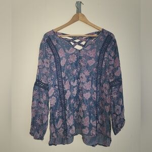 Standard Grace Chambray Floral Boho Balloon Sleeve Criss Cross Back size medium